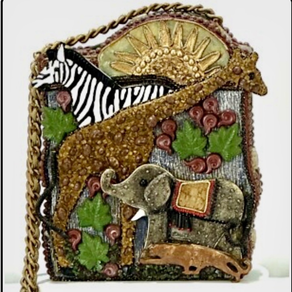 Mary Frances Vintage Crossbody Purse with Gold Chain Zebra Giraffe Elephant